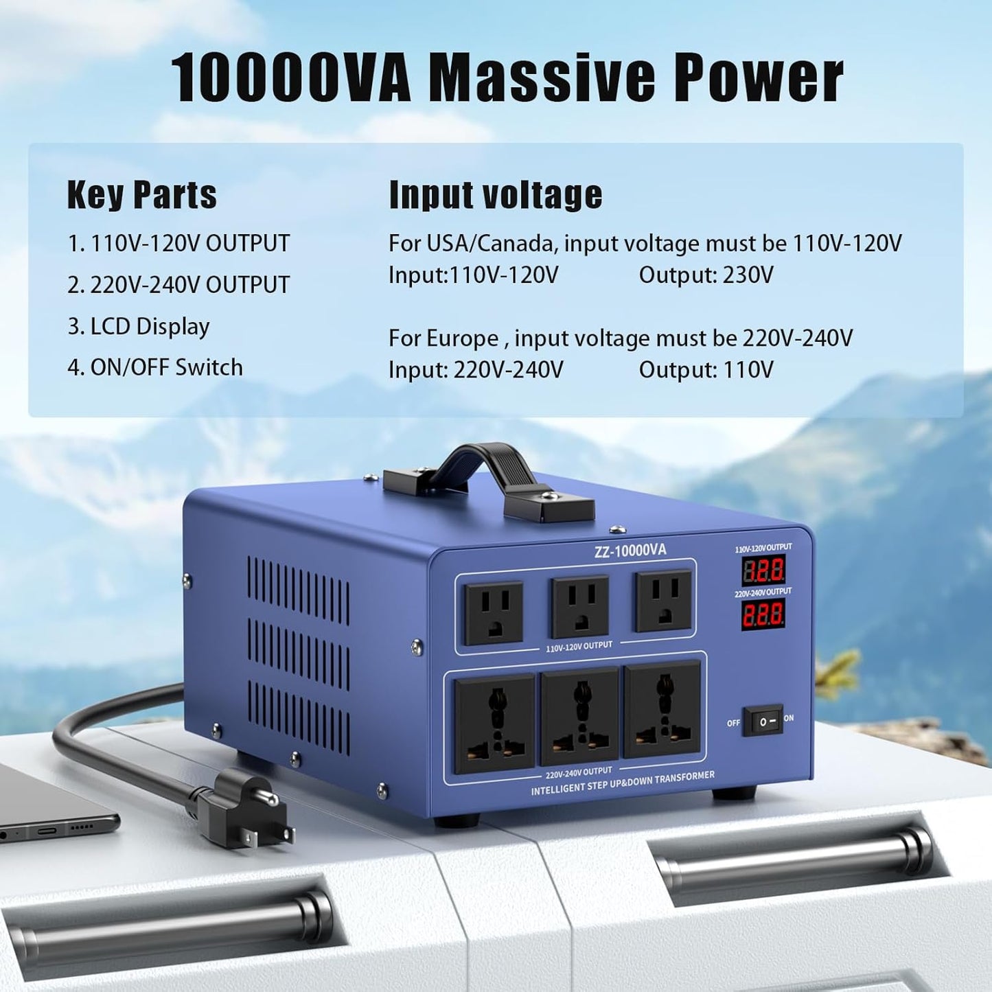 10000W Voltage Converter Auto Transformer,110/120/220/240V Heavy Duty Step Up/Down Power Converter Transformer with 3 US Outlets,3 Universal Outlets, LCD Display,Resettable Circuit Breaker Protection