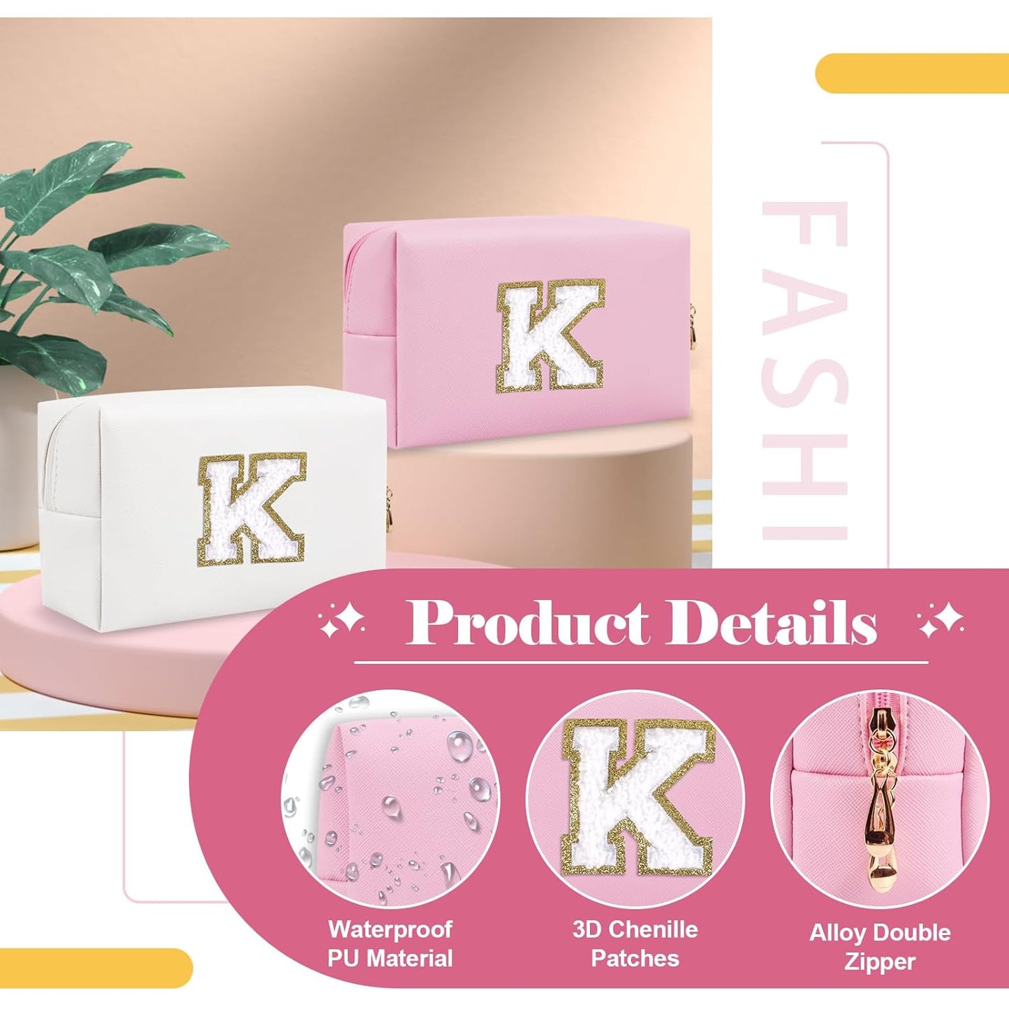 Personalized Initial A-Z Preppy Patch Makeup Bag,Small PU Chenille Letter Cosmetic Bag with Zipper for Teen Girls,Pink Cute Toiletry Organizer Bag,Monogram Makeup Case Gift for Women Girls,Letter K