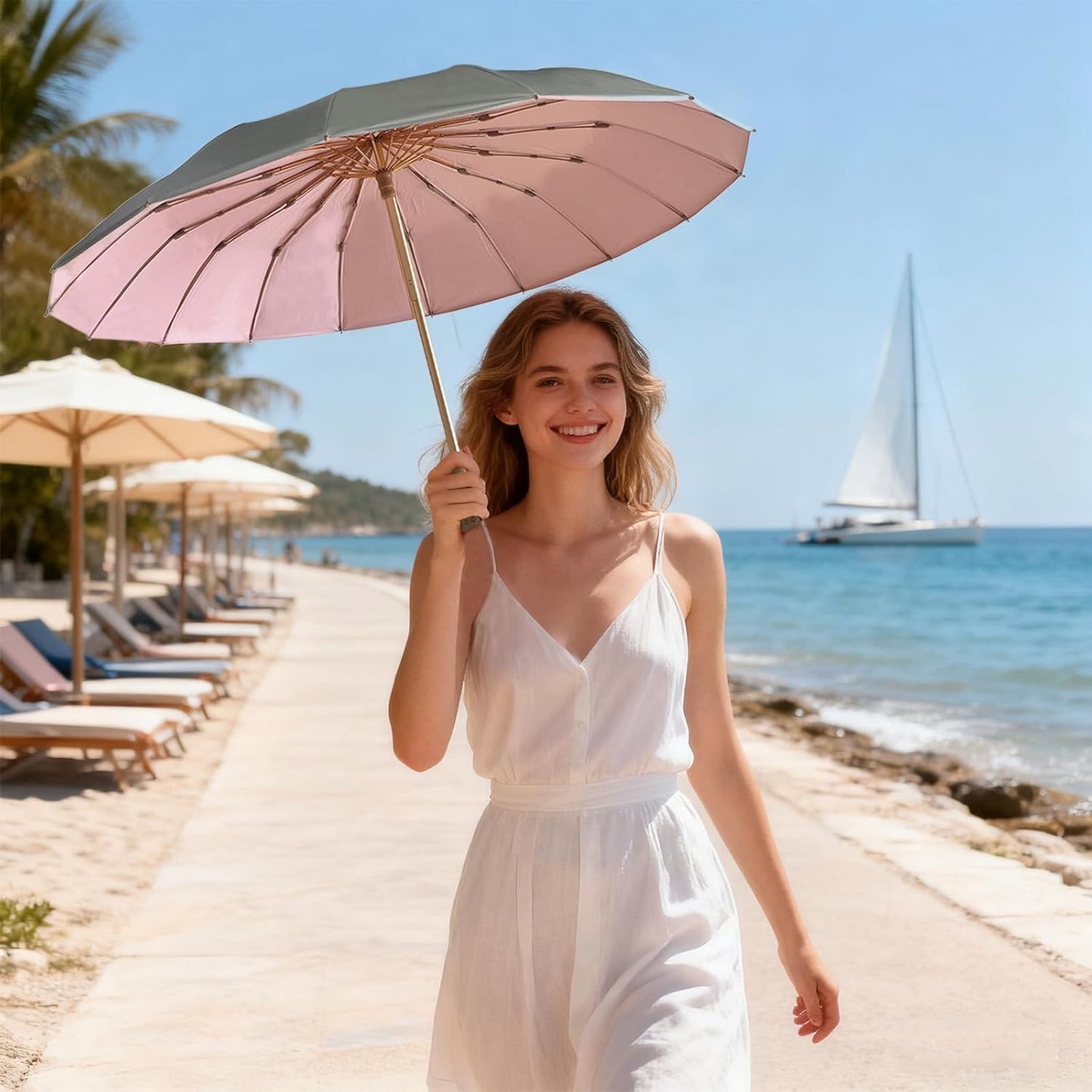 Folding umbrellas for rain and sun UPF 50+ UV Protection Windproof waterproofing and Strong Travel Essentials for Men Women 16 Ribs Wooden Handle