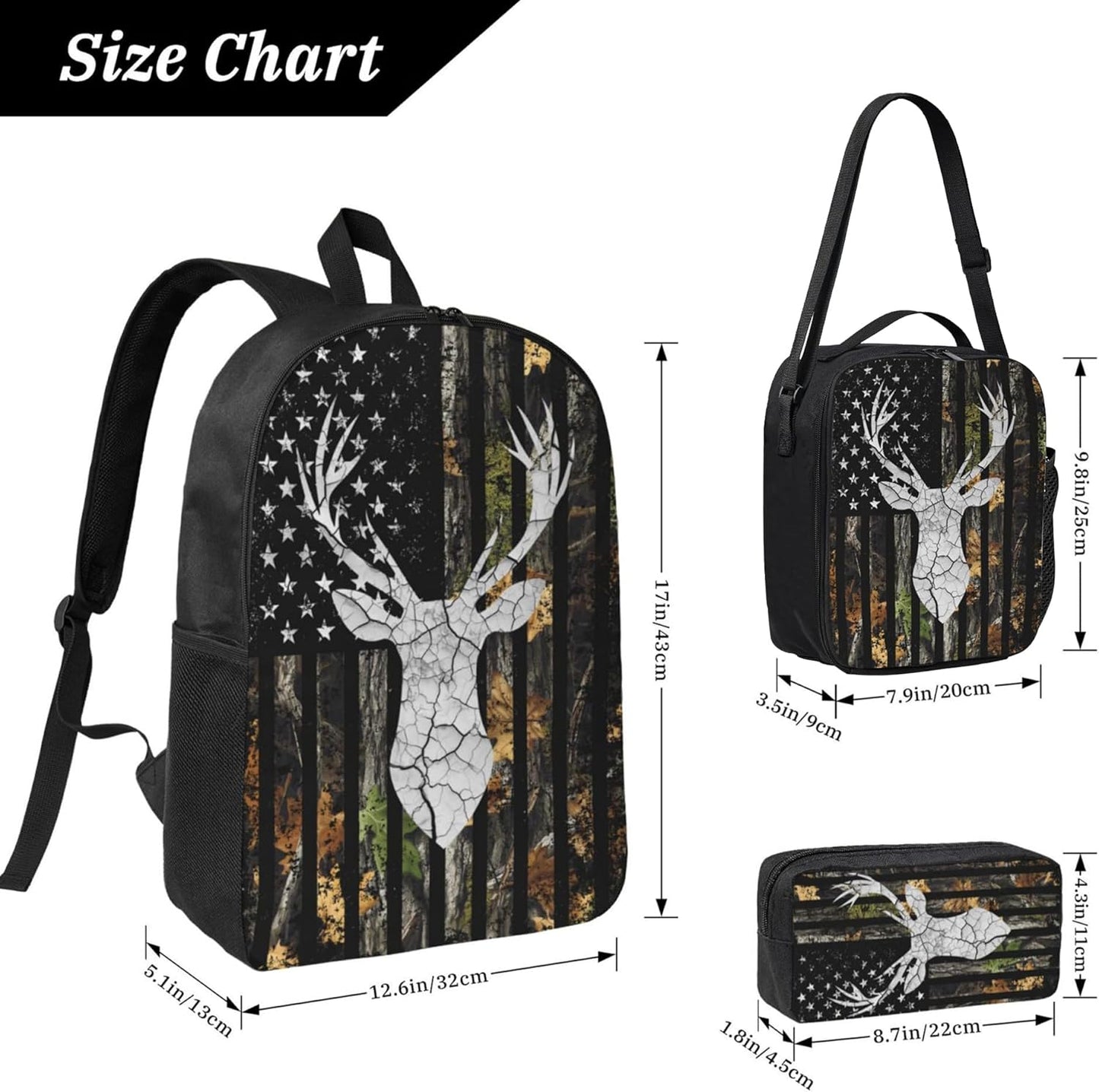 Deer Hunting Kid Backpack Set with Lunch Bag & Pencil Case Large Capacity School Bag 17 Inch Bookbag for Boy Girl