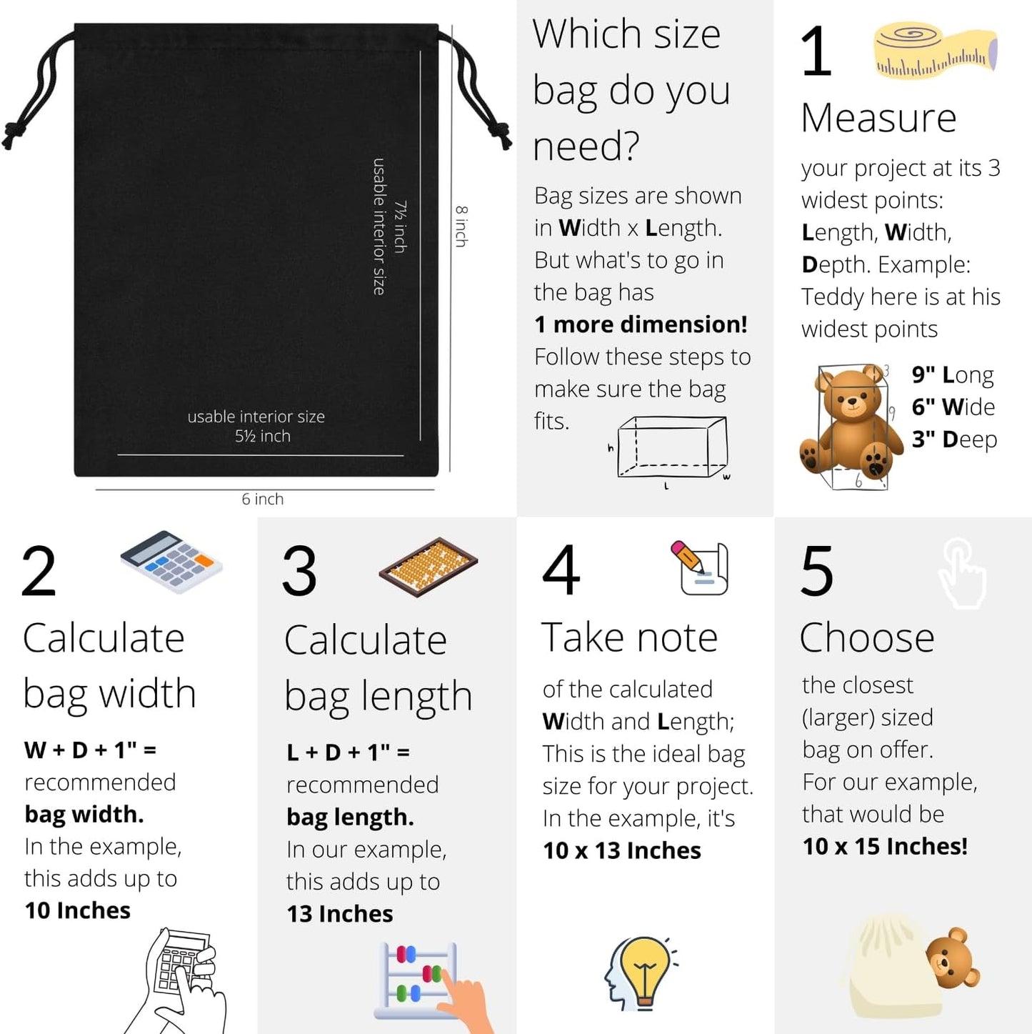 Premium Microfiber Drawstring Bags (Set of 5) – Multipurpose Travel Storage Pouches for Cords, Toiletries, Jewelry, Shoes – Durable Organizer with Strong Drawstring Closure (Black, 6 x 8 Inches)