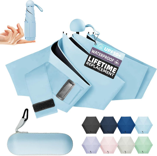 Travel Mini Umbrella Compact Small & Lightweight, UV Rain Protection, Pocket-Sized Folding Umbrellas with Quickdraw & Case for Men Women & Kids Backpack