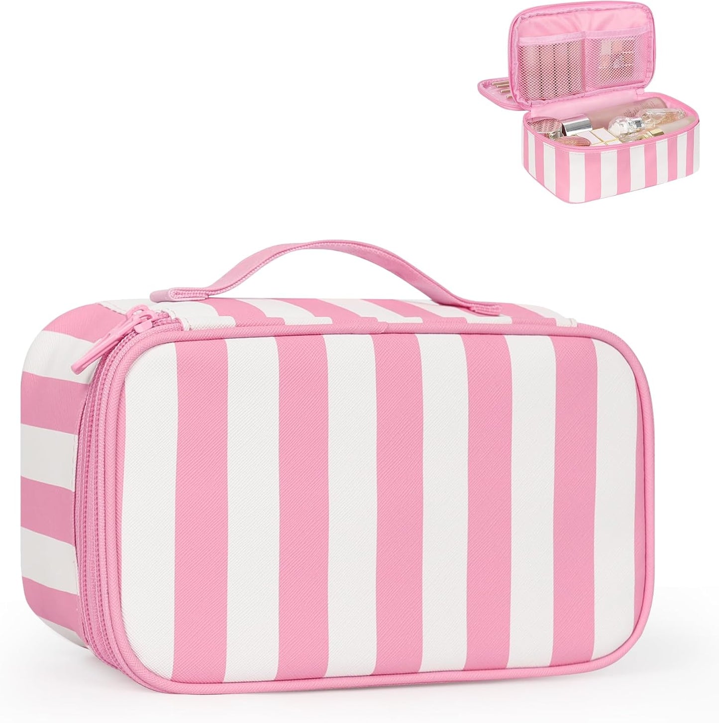 Relavel Travel Makeup Bag, Small Floral Cosmetic Bag with Makeup Brush Compartment, Portable Makeup Pouch for Women, Double Layer Makeup Organizer Bag Cute Toiletry Bag, Wide Strip