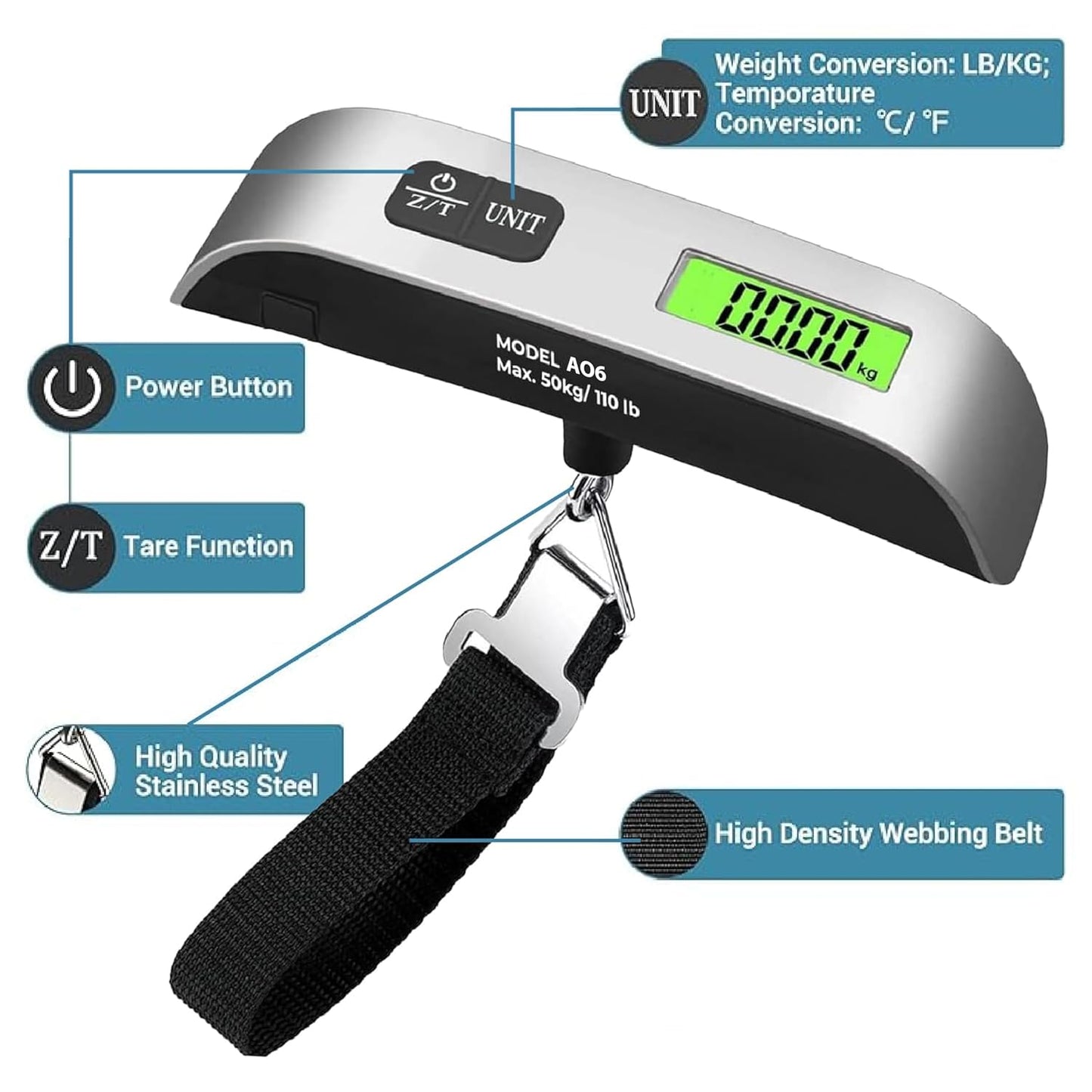 Luggage Scale, Digital Portable Handheld Suitcase, Travel Hanging Baggage with Backlit LCD Display, 50kg/110Pounds