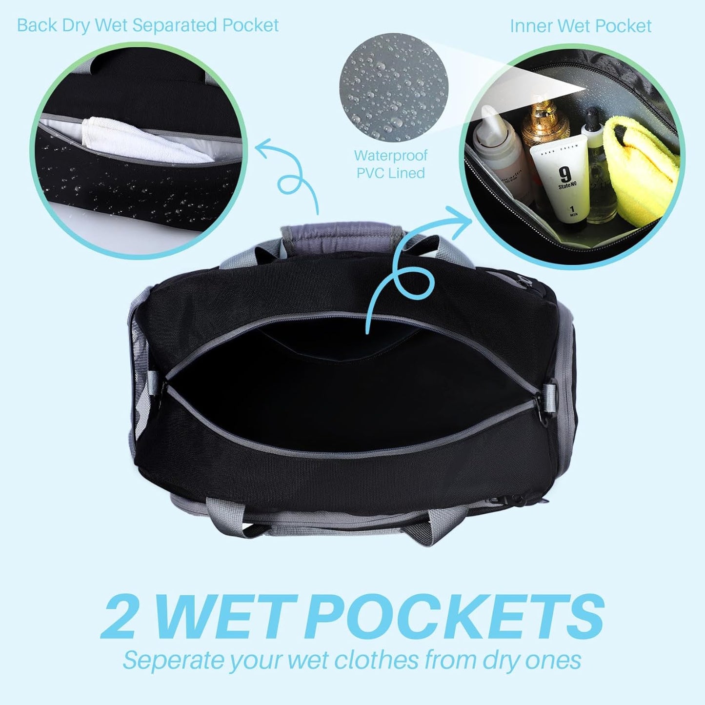 Pickleball Gym Bag for Women Men,Waterproof Small Sport Duffel Bag with Shoes Compartment and Wet Pocket for Travel Yoga Basketball Tennis,Black