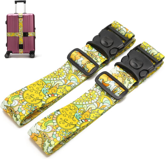 2 Pack 75'' x 2'' Adjustable Luggage Straps for Suitcase Belt Travel Bag Packing Straps Accessories (Yellow Flower)