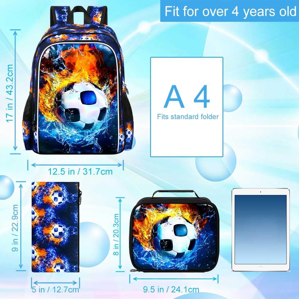 17" Soccer Backpack for Boys, Kids Bookbag with Lunch Box, 3Pcs Football School Backpacks for Elementary Preschool Kindergarten (Fire and Ice)