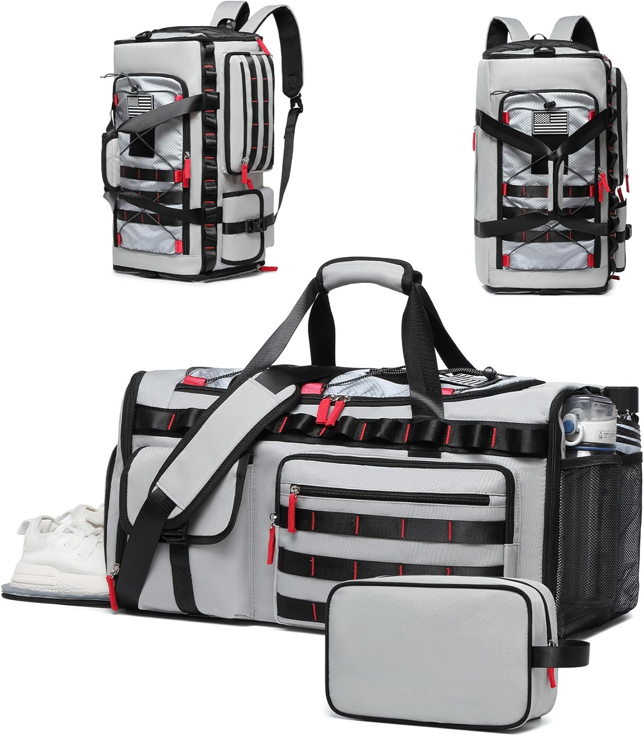 MCBD Gym Bags for Men & Women, 45L Travel Duffle Sports Backpack with Shoes & Laptop Compartment, Large Workout Carry On Bag Weekender Overnight Tote, Grey