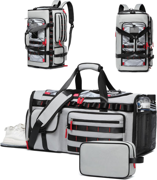 MCBD Gym Bags for Men & Women, 45L Travel Duffle Sports Backpack with Shoes & Laptop Compartment, Large Workout Carry On Bag Weekender Overnight Tote, Grey