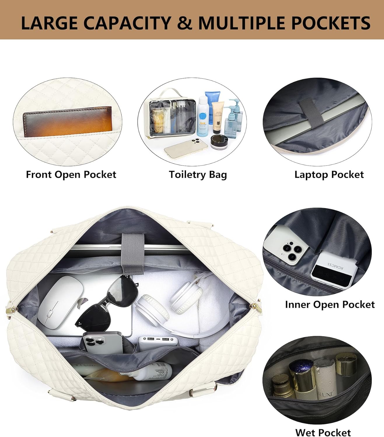 Women Weekender Travel Duffle Bag: Travel Duffel Overnight Bags with Shoe Compartment Large Carry on Tote Bag Toiletry Bag Weekend Yoga Gym Hospital Bags for Labor and Delivery with Wet Pocket Beige