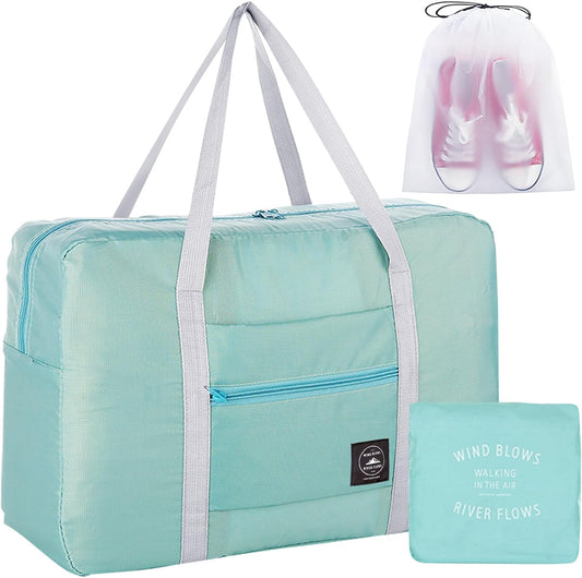 Travel Duffle Bag Tote Carry on Bag Nylon Lightweight Foldable Travel Bag Water Resistant Sports Gym Duffle Weekender Overnight Bag (Green+Pe bag)