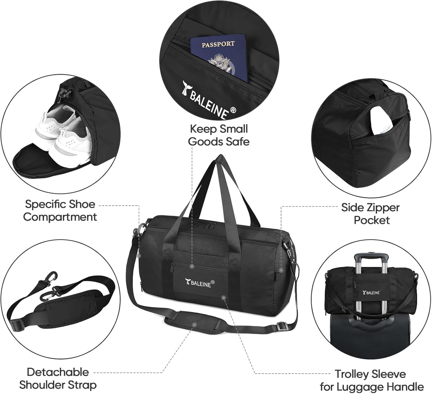 BALEINE Gym Bag for Women and Men, Duffel Bag for Sports, Gyms and Weekend Getaway, Waterproof Dufflebag with Shoe and Wet Clothes Compartments, Lightweight Carryon Gymbag (Black)