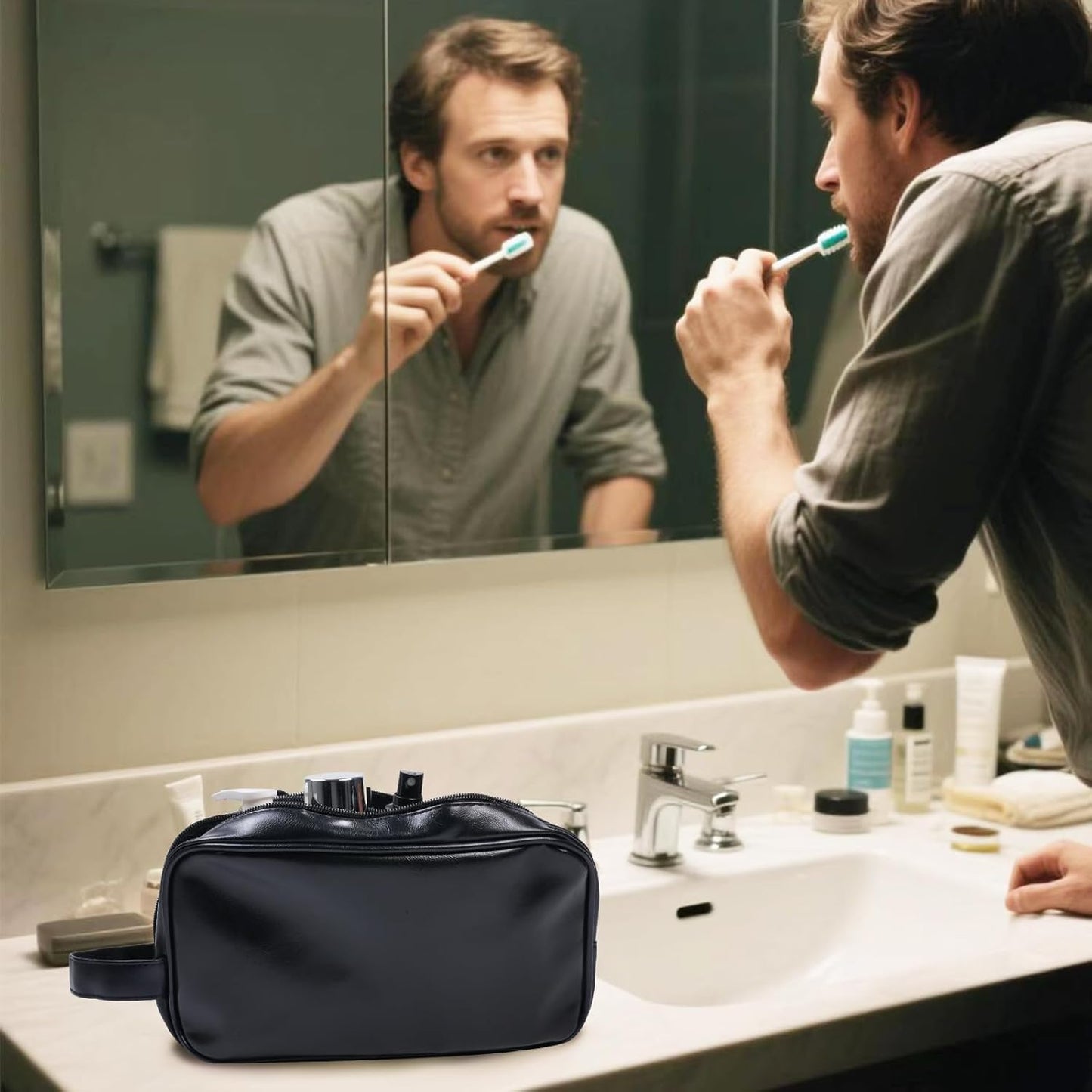 Mens travel toiletry bag, Gift For Men，PU Leather Water Resistant Cosmetic Bag Dopp Kit Shaving Pouch with Large Capacity for Toiletries Accessories(Black)