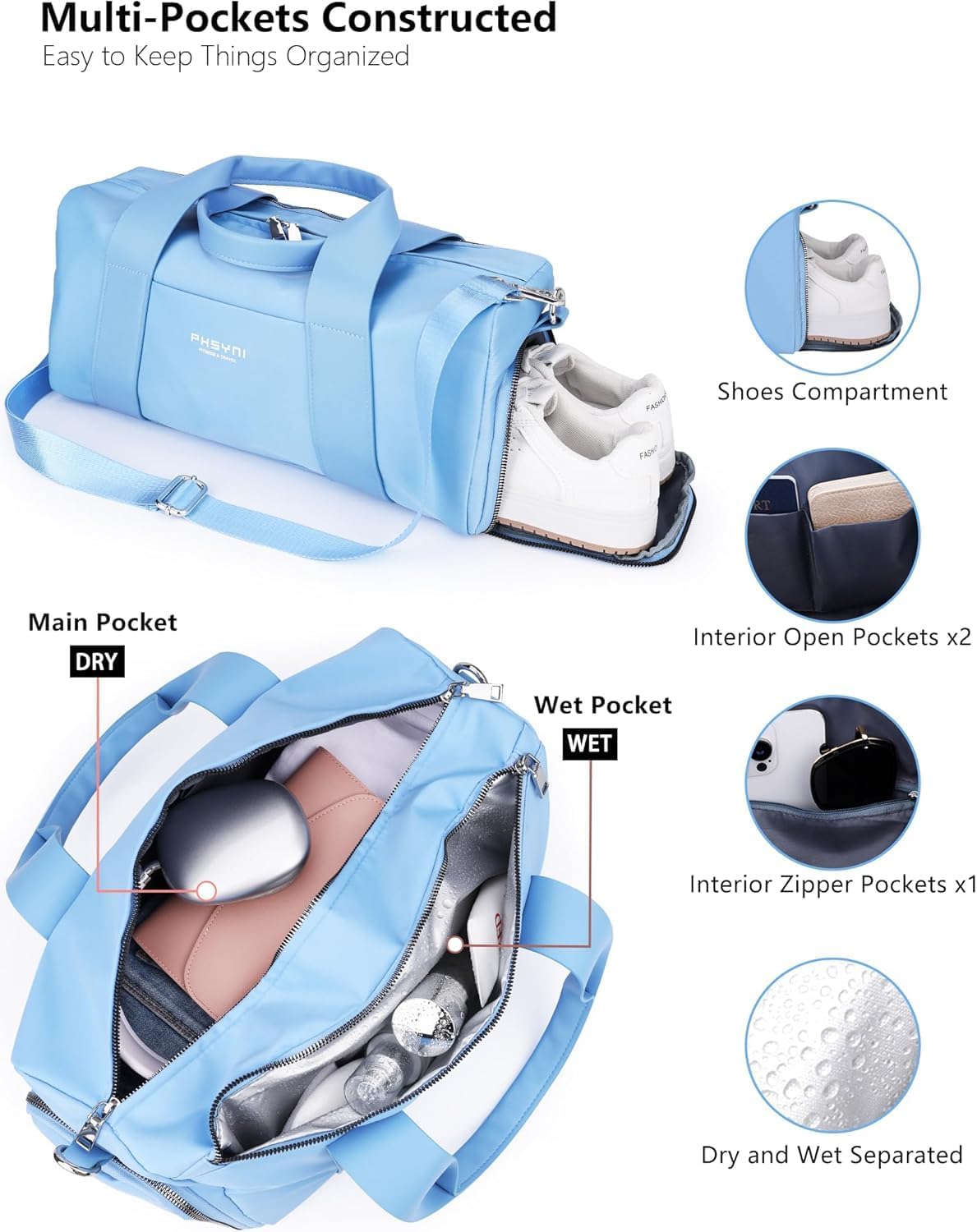 Compact Sports Gym Bag for Women, Cute Mini Duffle Bag with Wet Pocket & Shoes Compartment, Personal Item Travel Workout Bag, 16"- Small, Sky Blue