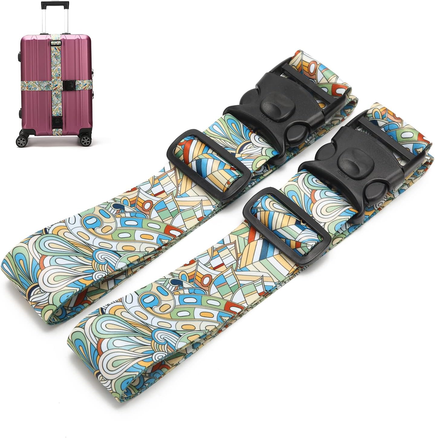 2 Pack 75'' x 2'' Adjustable Luggage Straps for Suitcase Belt Travel Bag Packing Straps Accessories (Green Flower)