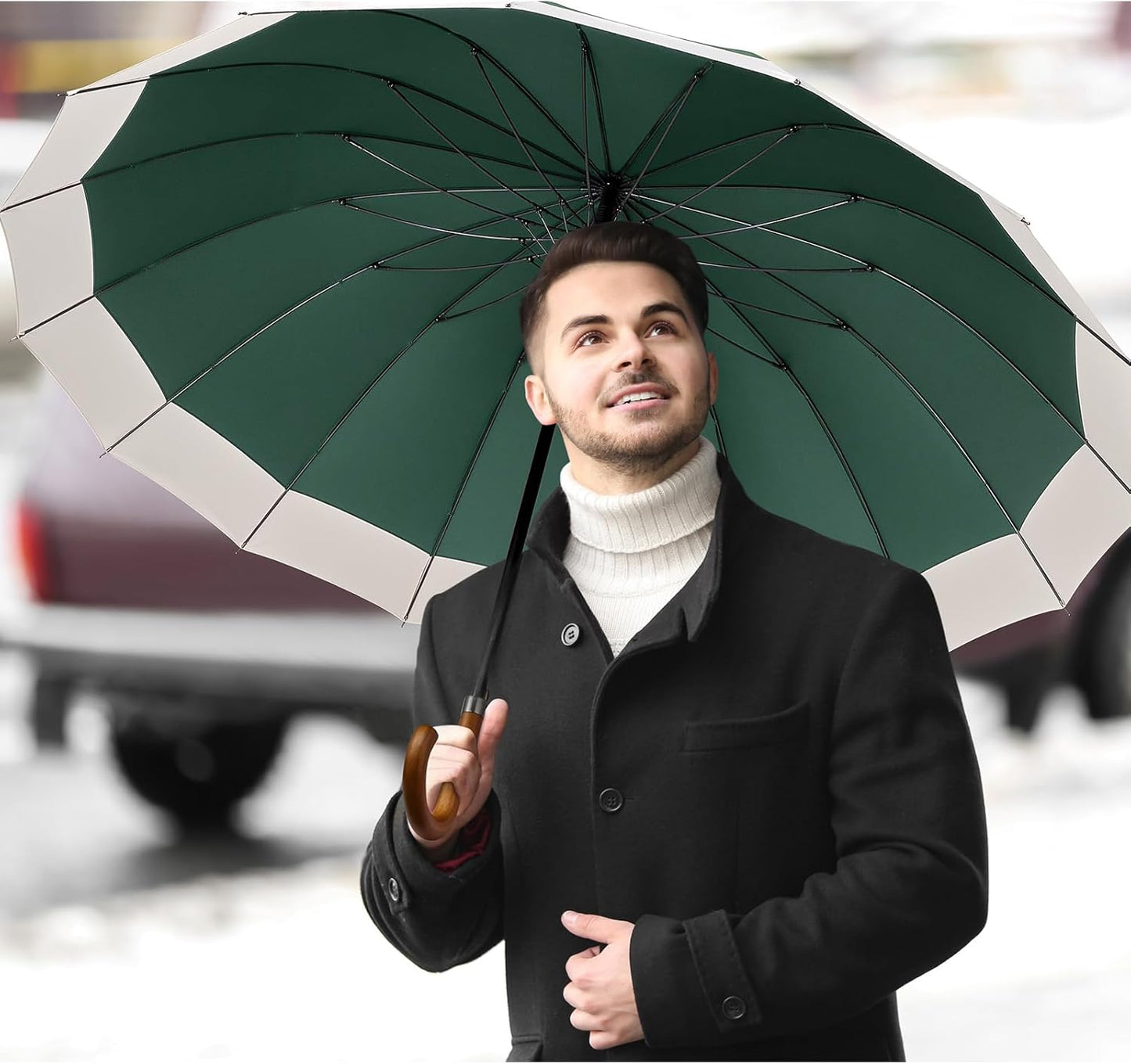 G4Free 54 Inch Large Windproof Umbrella for 2 Persons, 16 Ribs Auto Open Classic Wooden J Handle Cane Stick Golf Rain Umbrellas for Men Women Travel 120cm