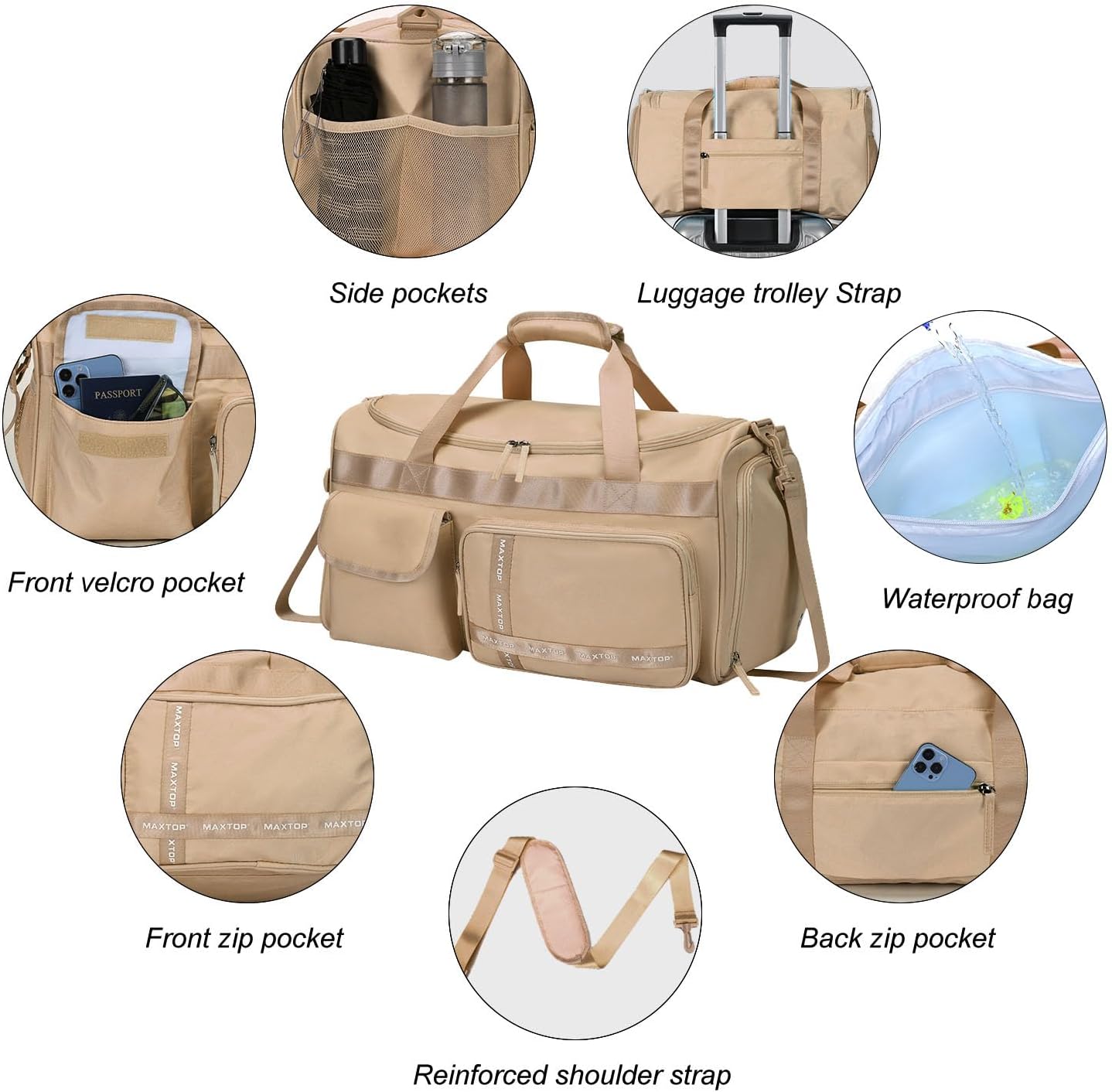 MAXTOP Gym Bag for Women Men Travel Duffle Bag Large Capacity Carry On Weekender Overnight Bag With Shoe Compartment Gym Tote Dry Wet Separation Duffel Bag for Travel