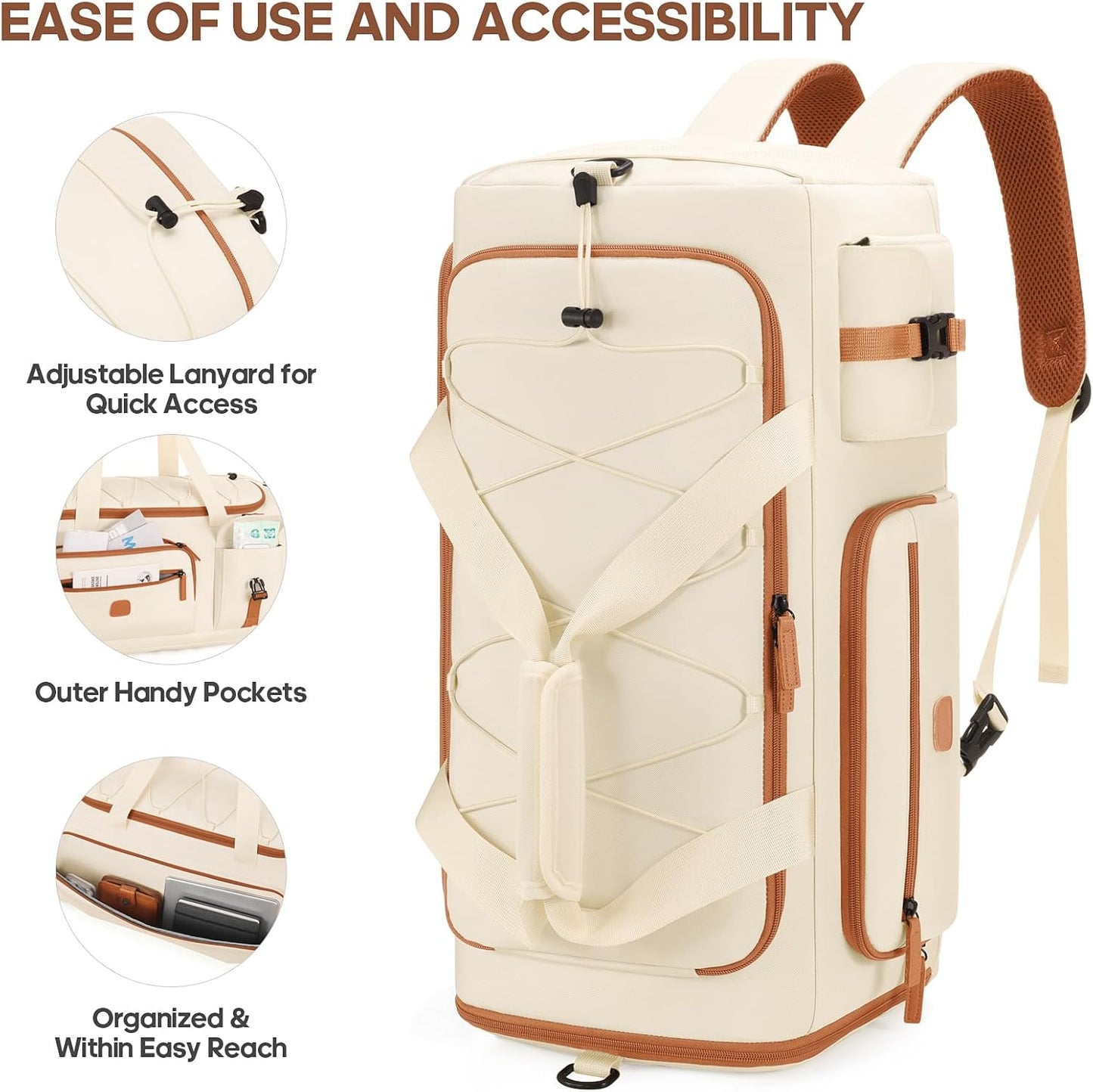 Gym Bag for Men and Women with Shoe & Laptop Compartment, 3-in-1 Sports Travel Duffel Bag Anti-Theft Weekender Carry-On Backpack for Airplane & Workout, Overnight Travel Bag,35L (Beige, Medium)