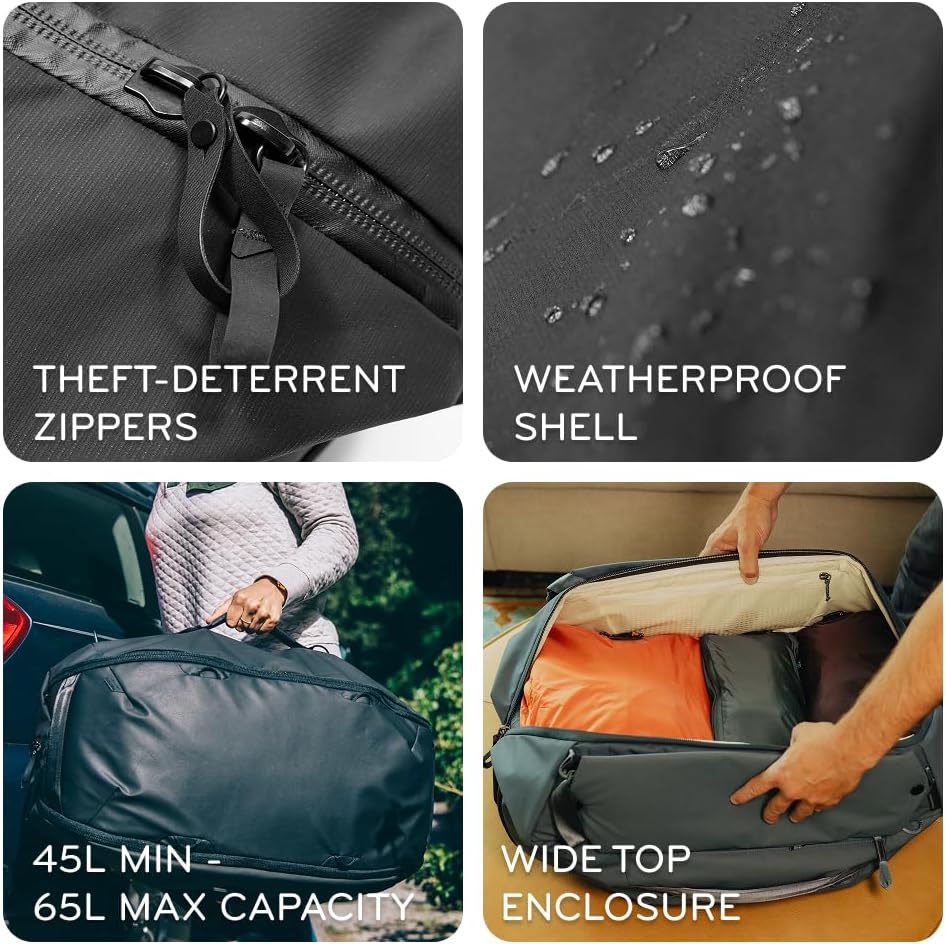 Peak Design Travel Duffelpack 45-65L, Ocean, Weatherproof Duffel Backpack, Expandable Design, Extra-Long Zip Path, Stowable Straps, Fits Packing Cubes and Camera Cubes, Versatile Duffel Bag for Travel
