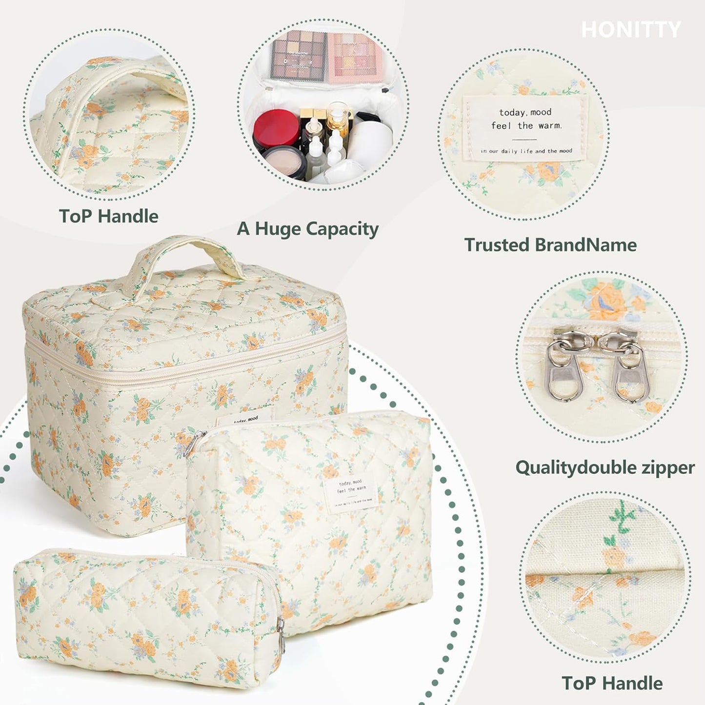 Makeup Bag,Quilted Cosmetic Bags,Large Floral Make Up Organize bag,Makeup Bag Set for Women,Flower Travel Toiletry Bag