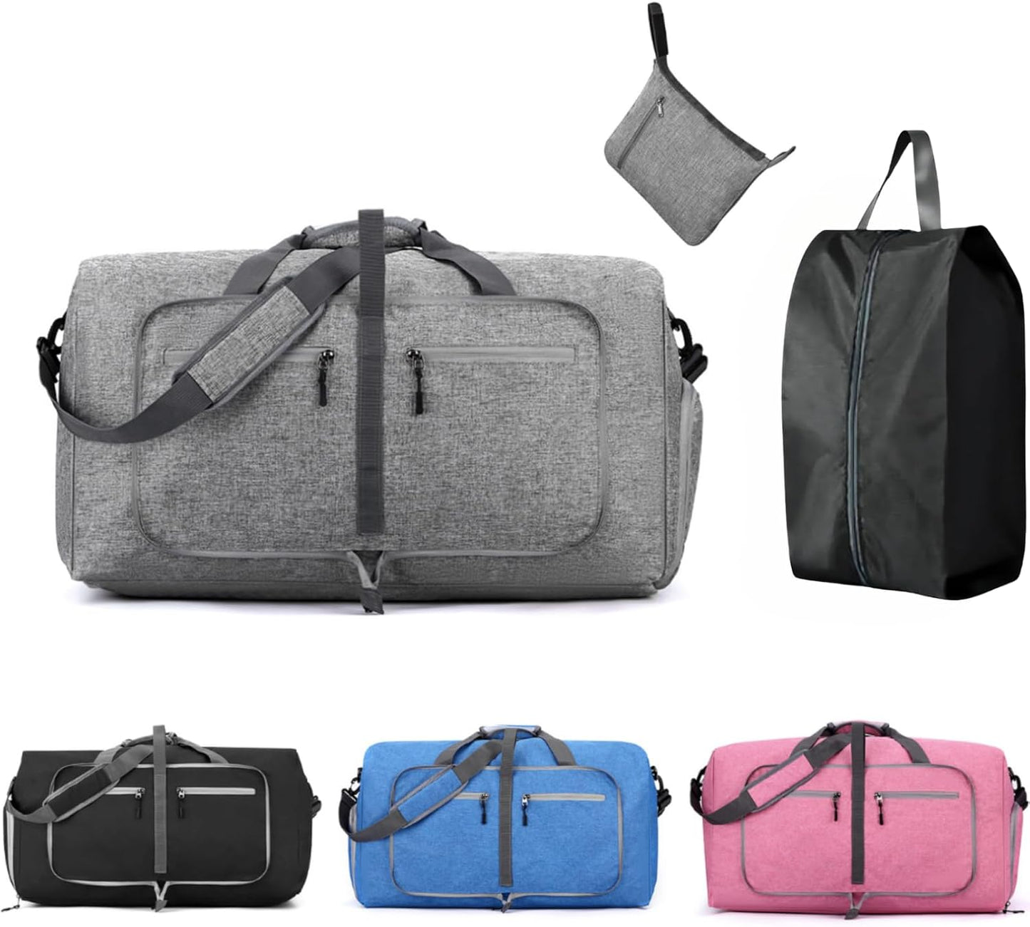 Travel Bag Gym Bag Folding Boston Bag Duffel Bag Carry On Large Capacity 65L Waterproof With Shoe Bag No Logo (Gray, 24.8inch×11.4inch×13.8inch)