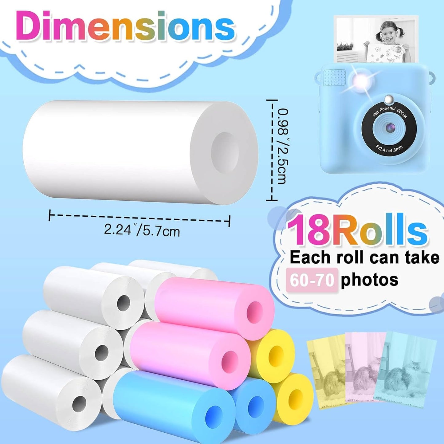 18 Rolls Kids Camera Paper Roll Refill Compatible with Most Instant Print Cameras for Kids BPA Free（2.24"x0.98" ）