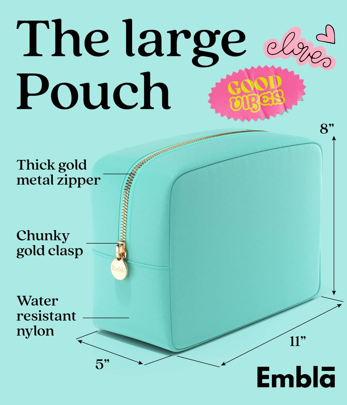 Embla Makeup Bag Travel Cosmetics Pouch and Toiletry Bag, Nylon Zipper Pouch Purse, Cute Make Up Organizer Storage Tote for Women Girls, Waterproof Travel Skincare Case, Large Makeup Bags, Cotton Candy