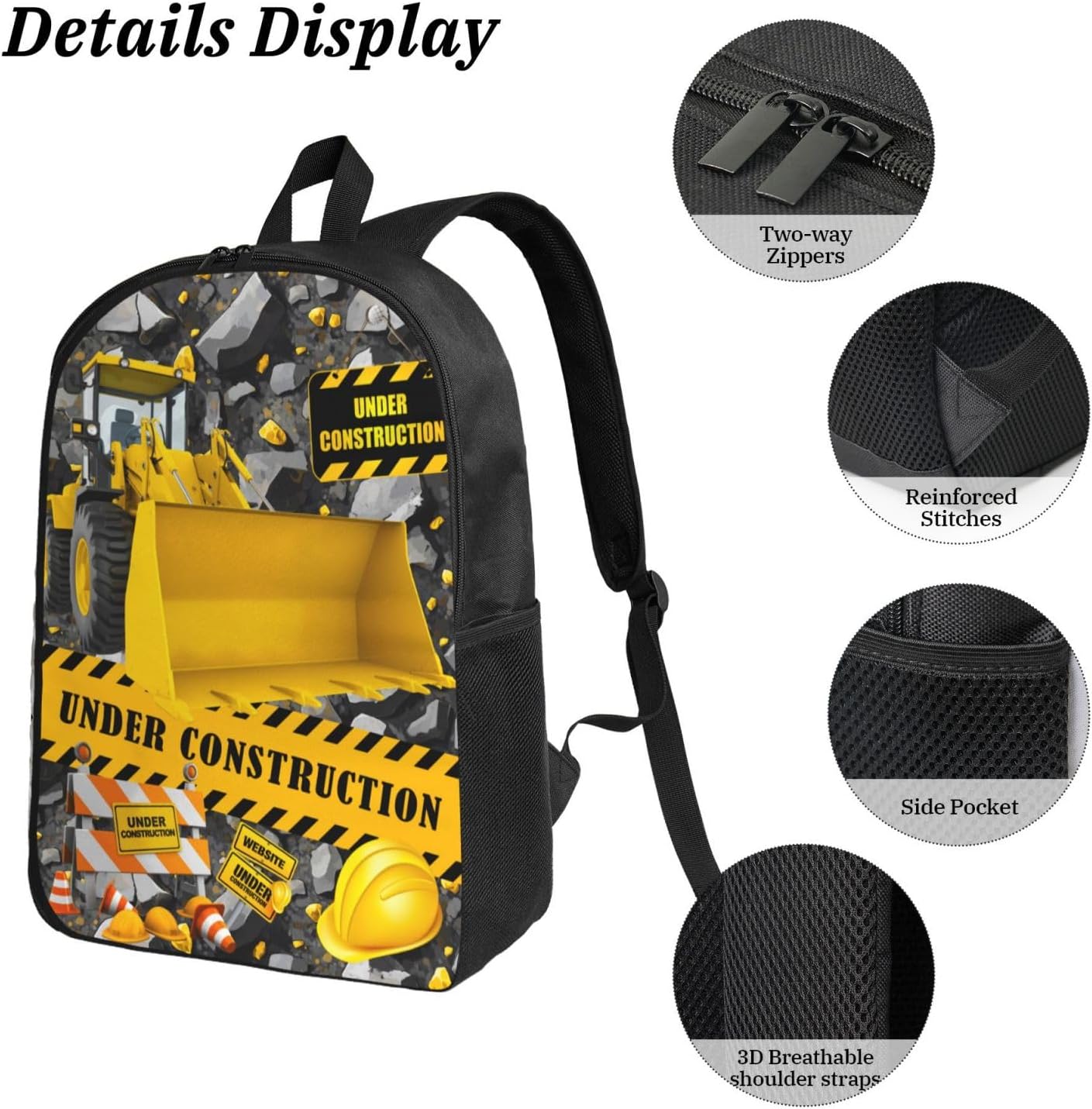 Construction Machines Cars Kid Backpack Set with Lunch Bag & Pencil Case Large Capacity School Bag 17 Inch Bookbag for Boy Girl