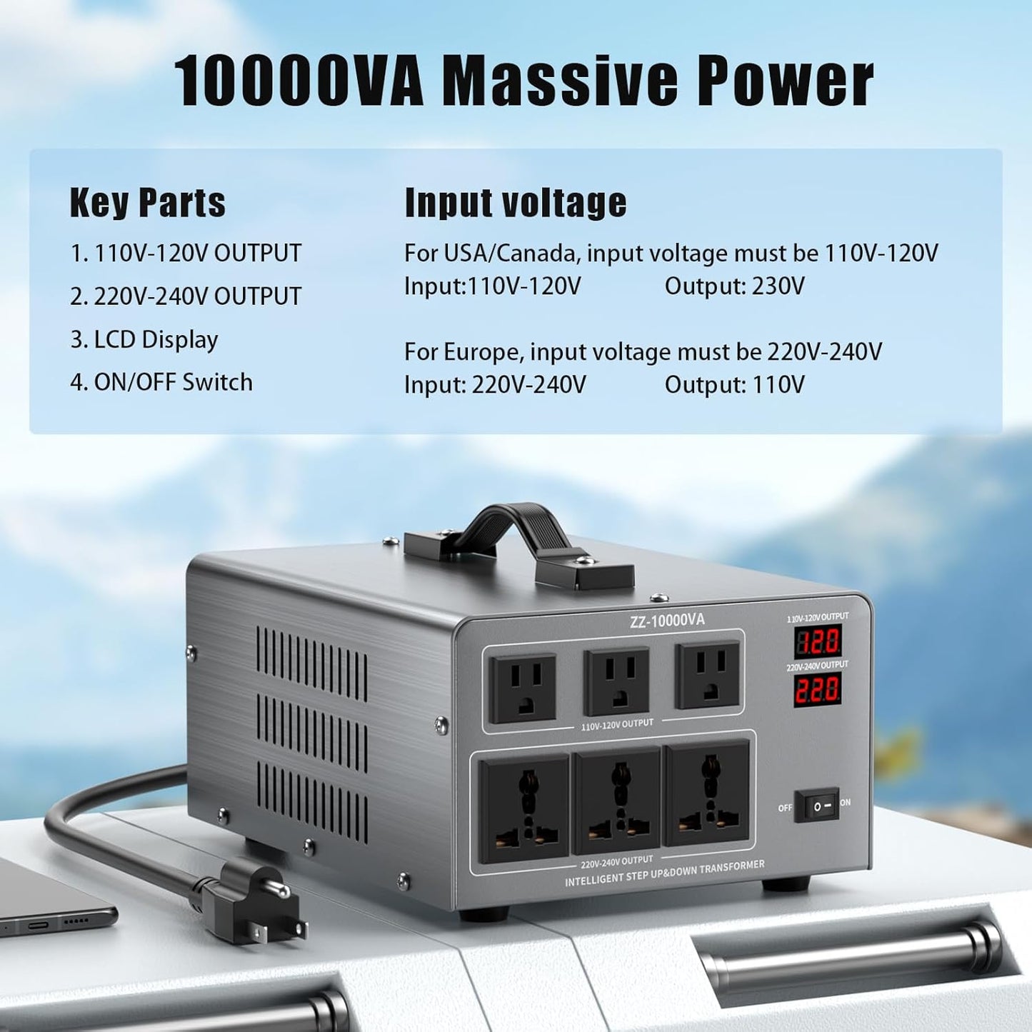 10000W Voltage Converter Auto Transformer,110/120/220/240V Heavy Duty Step Up/Down Power Converter Transformer with 3 US Outlets,3 Universal Outlets, LCD Display,Resettable Circuit Breaker Protection