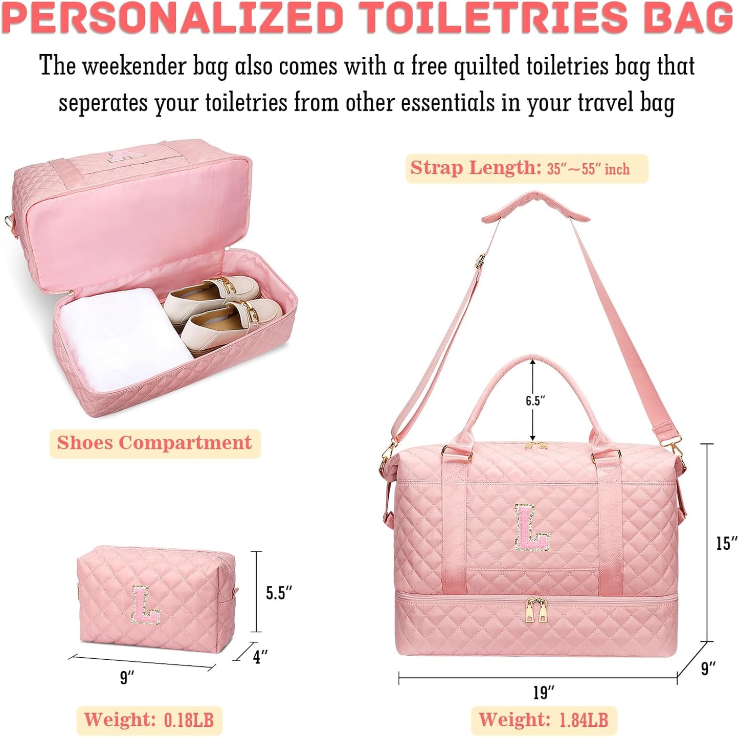 Gifts for Women Girls Initial Travel Duffle Bag Quilted Weekender Carry-On Overnight with Cosmetic Bag, Gym Bag with Shoe Compartment Hospital Bag for Labor Delivery, Pink L