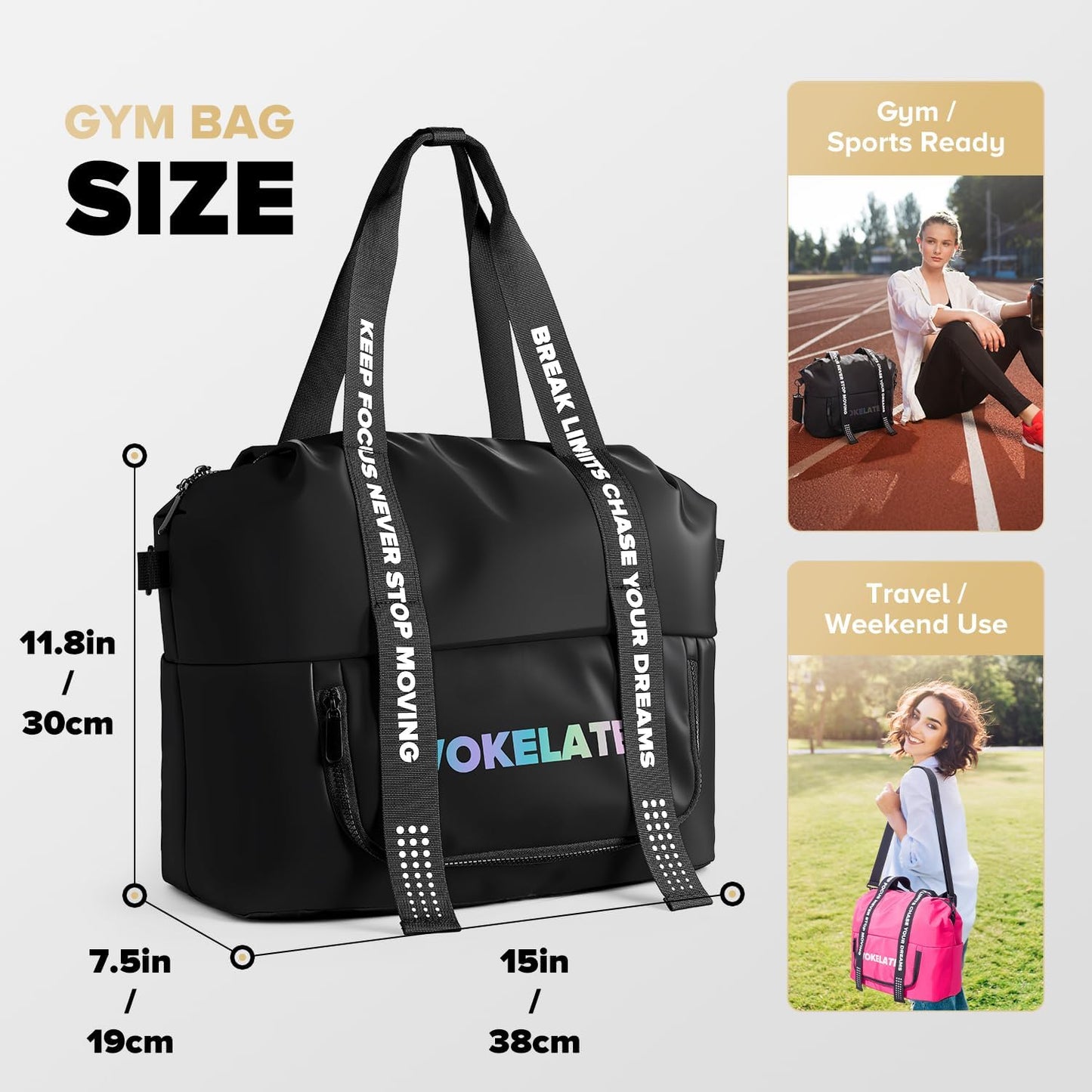 Sport Gym Bag for Women, Carry on Tote Personal Item Bag with Shoes Compartment, Travel Duffle Bag for Girl, Lightweight Overnight Luggage Bag for Travel, Airplanes, Sports - Black