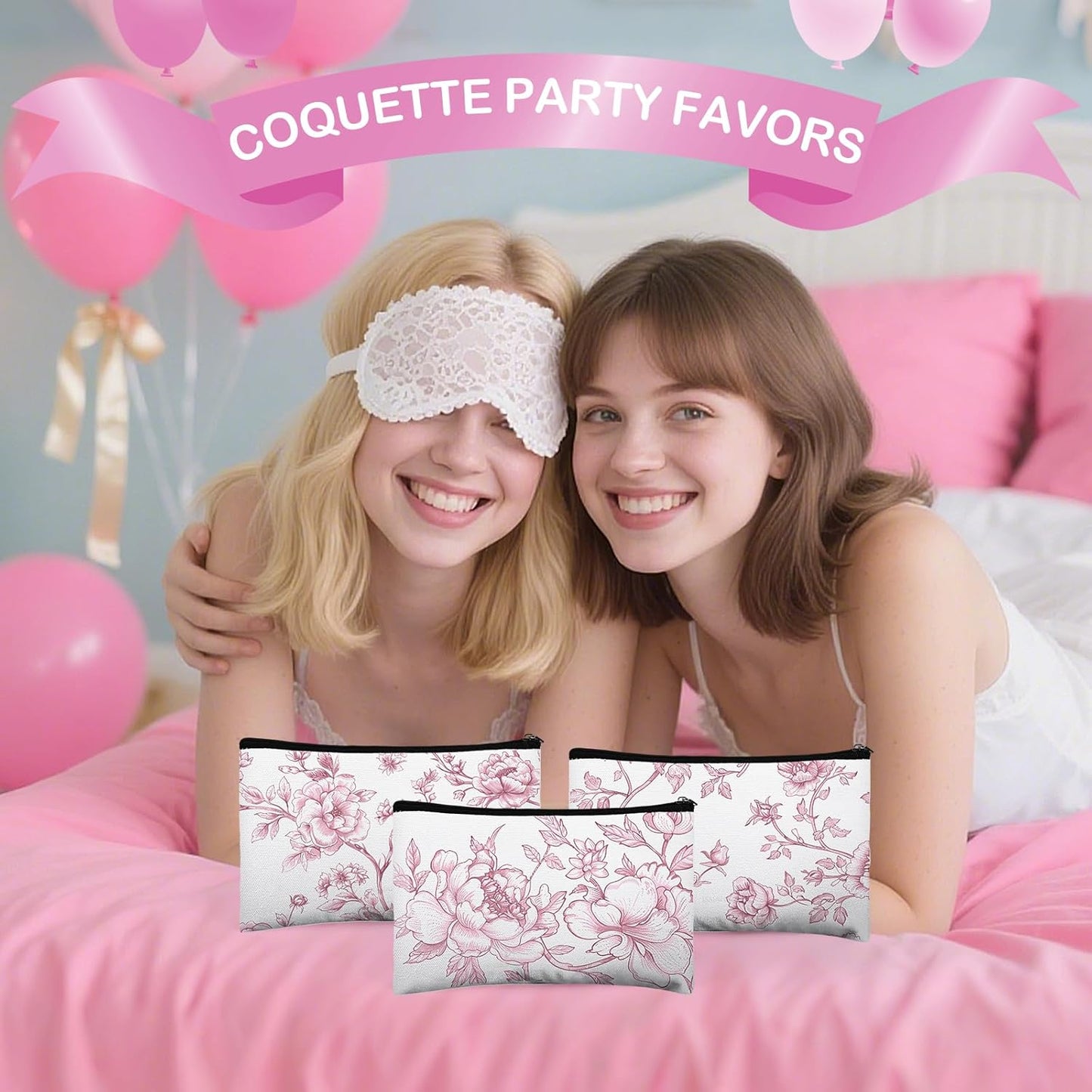 24 Pcs Floral Cosmetic Bags Bulk for Women Pink and White Floral Makeup Bags Chinoiserie Canvas Travel Zipper Pouches Aesthetic Toiletry Bag for Girls Bridesmaids Wedding Supplies