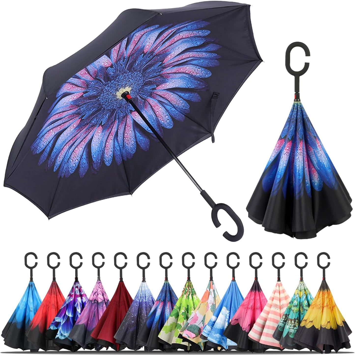 LLanxiry Windproof Inverted Umbrella, Large Reverse Umbrellas for Rain with C-shaped Handle Big Upside Down Inside Out Umbrella for Women & Men
