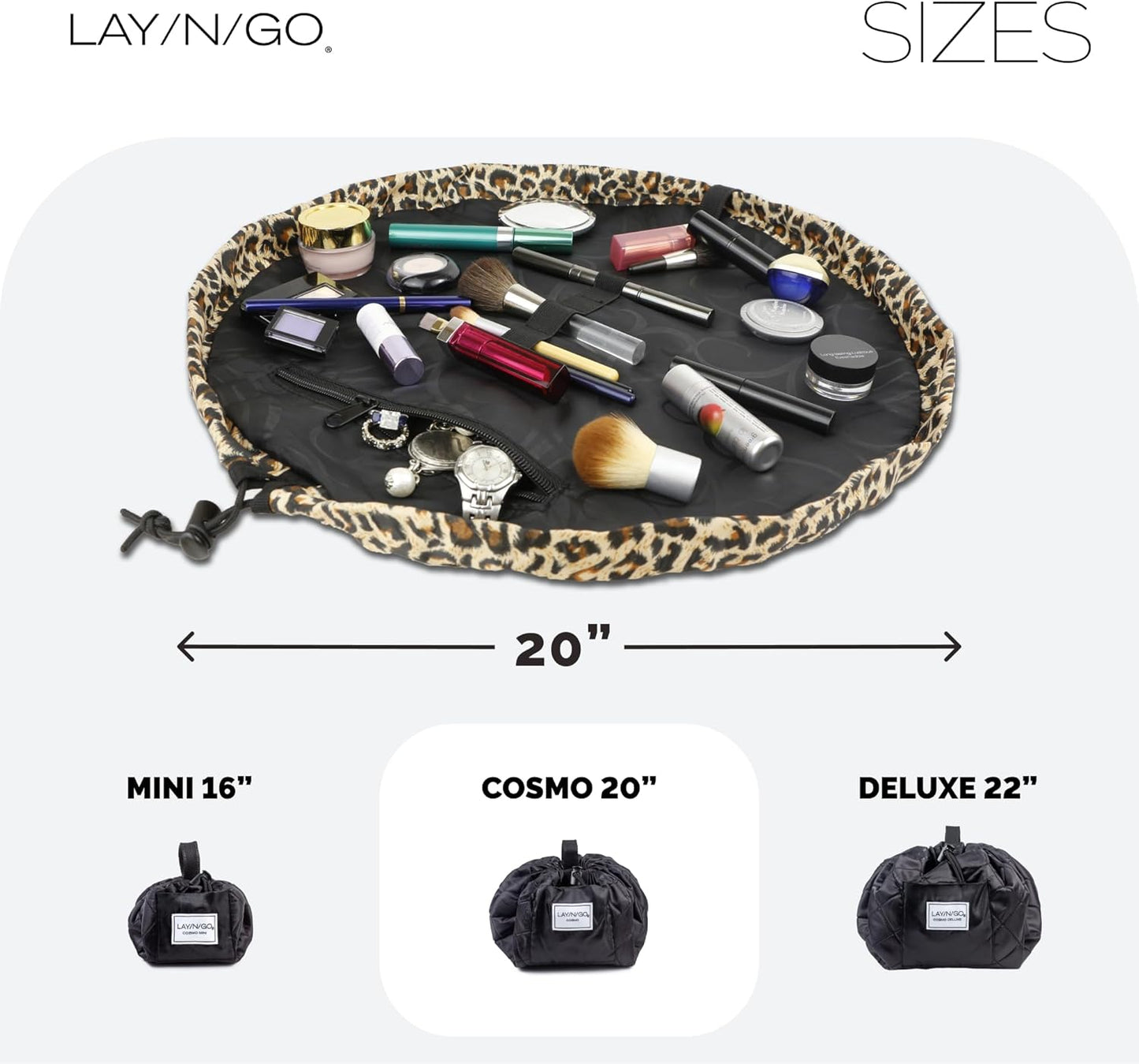 Lay-n-Go Cosmo Layflat Drawstring Cosmetic & Makeup Bag Organizer w/Zipper Pocket, Brush Loops & More, Cinch to Close, Lay Flat to Use, Durable, Machine Wash, Travel Toiletry Bag (20", Leopard)