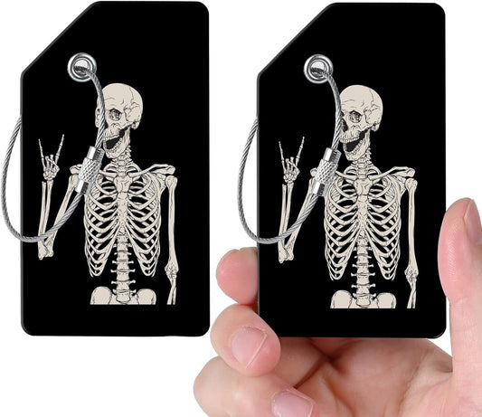 2 Luggage Tags, (1" Smaller Than Traditional) Perfect for Quick Luggage Identification with Stainless Steel Ring and Address Card for Travel and Luggage (Skull)