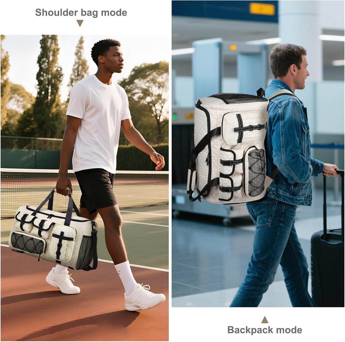 Gym Bag for Men Women, 40L Sport Duffel Bag, Anti-Theft Overnight Backpack W/Shoe Compartment for Fitness Travel, White