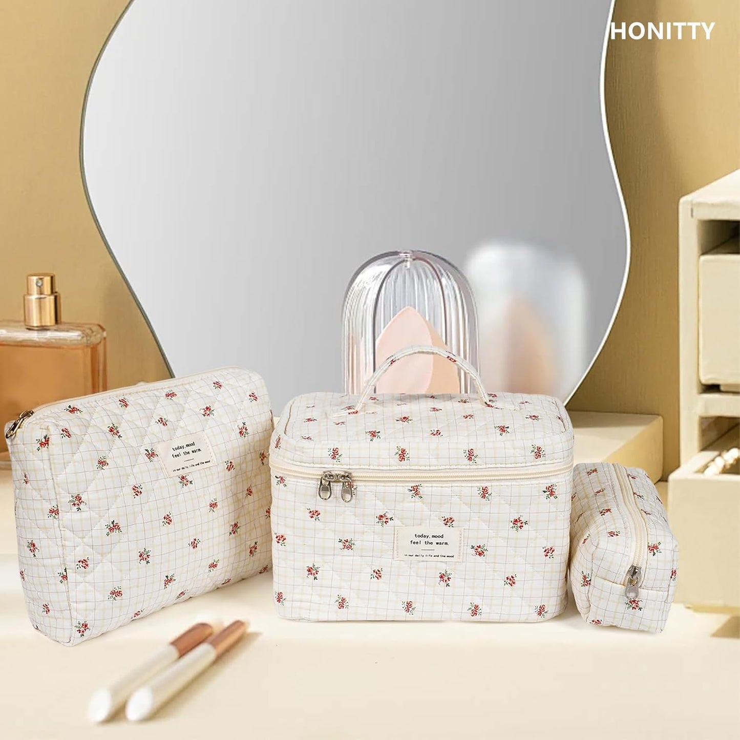 Makeup Bag,Quilted Cosmetic Bags,Large Floral Make Up Organize bag,Makeup Bag Set for Women,Flower Travel Toiletry Bag