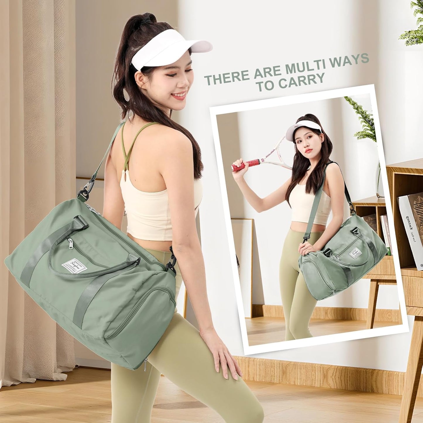 Gym Bags for Women Men with Shoes Compartment,Sports Duffle Bags Personal item travel Duffel Tote Bag Small Carry on Weekender Overnight Bag Workout Dance Bags Hospital Holdalls Grey Green