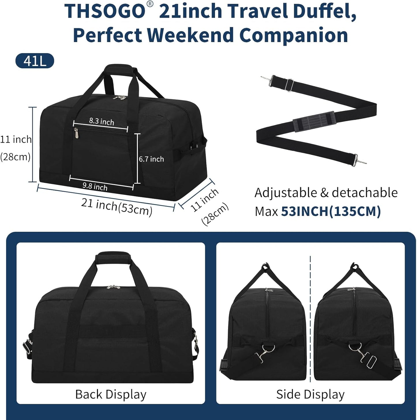 21 inch Gym Bag for Men - 40L Travel Duffel Bag Sport Duffle Bags for Weekend Overnight with Bottom Support (Black）