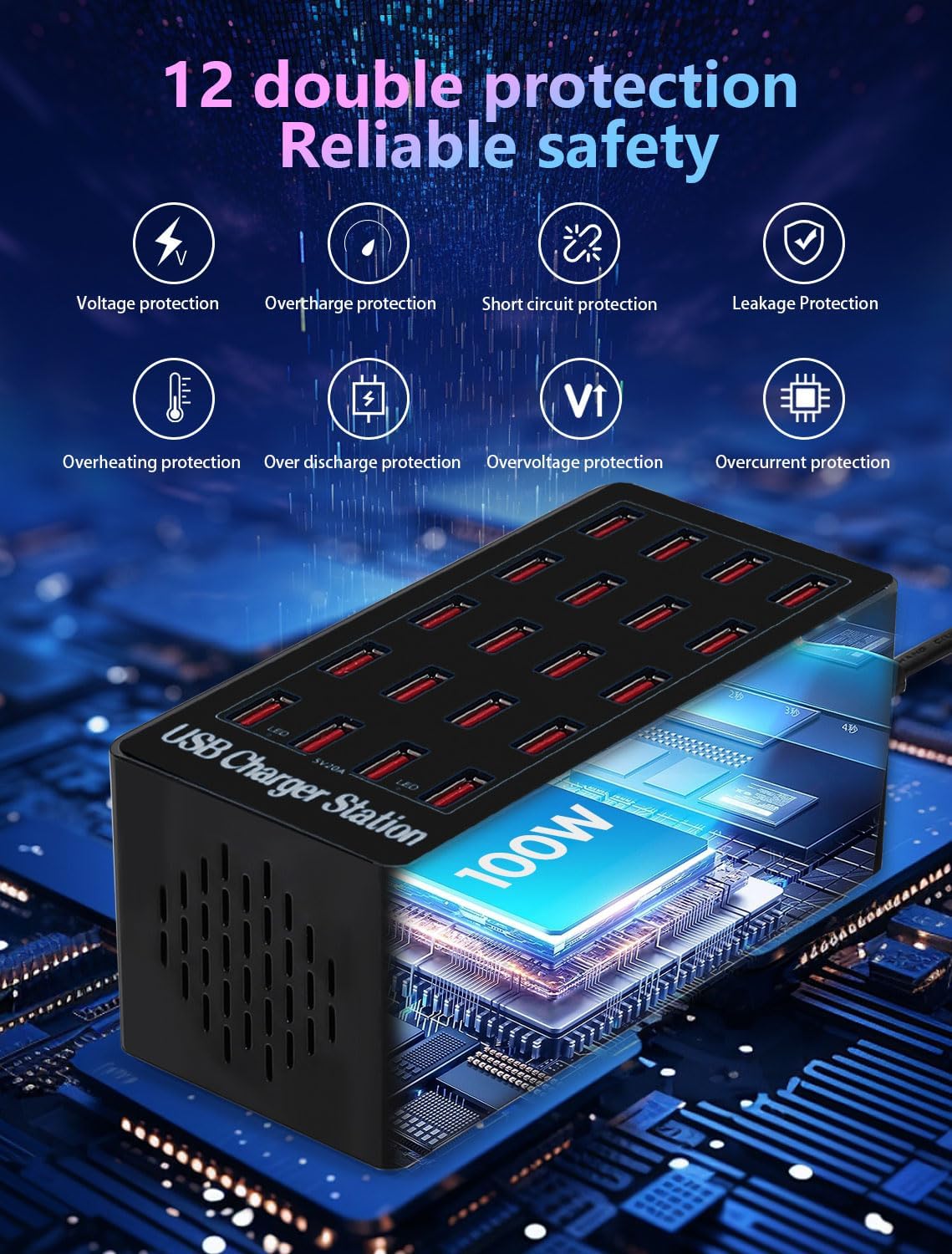 100W 20Port USB Charging Station, Multi USB Charger for Multiple Devices, Black