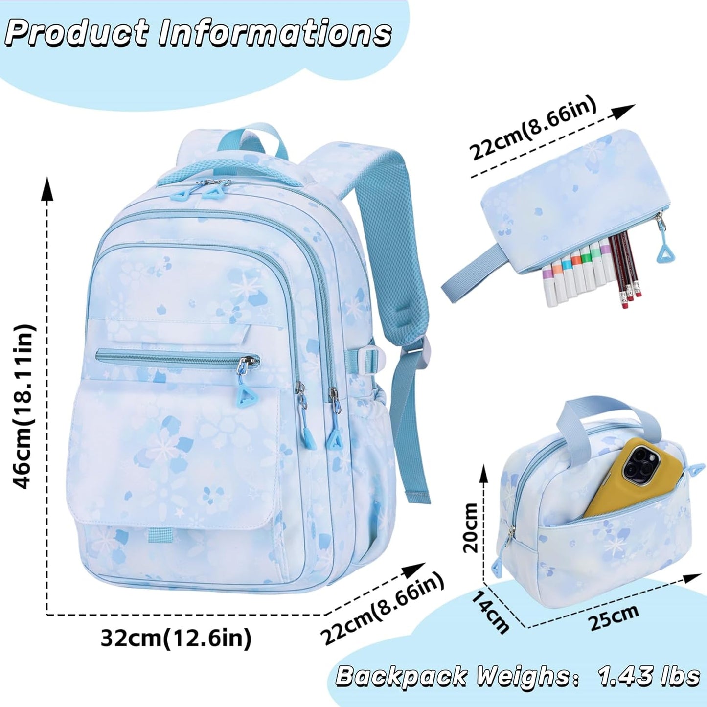 Kids Backpack for Girls Flower schoolbag with Lunch Bag & Pen Case Waterproof Girl Bookbag for Elementary school (blue)