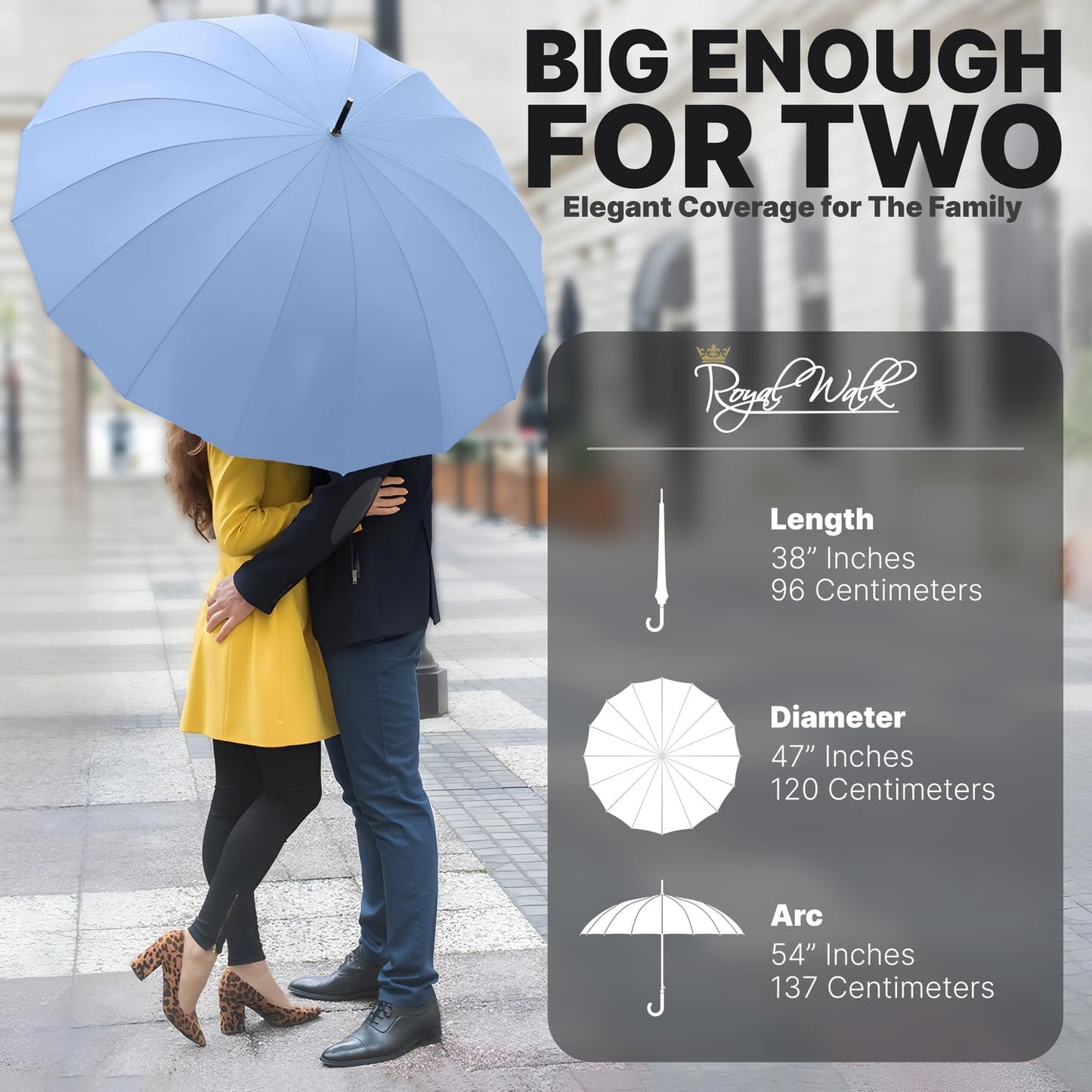 Royal Walk Windproof Large Umbrella for Rain 54 Inch Automatic Open for 2 Persons Wind Resistant Big Golf Umbrellas for Adult Men Women Classic Wooden Handle Fast Drying Strong 16 Ribs Travel 120cm