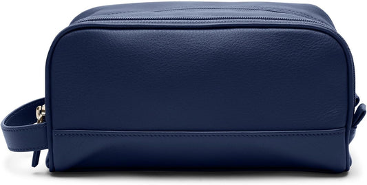 Leatherology Navy Blue Leather Toiletry Bag – Small Double Zip Dopp Kit – Full Grain Leather Travel Organizer with Water-Resistant Lining – Compact Grooming Bag for Men or Women