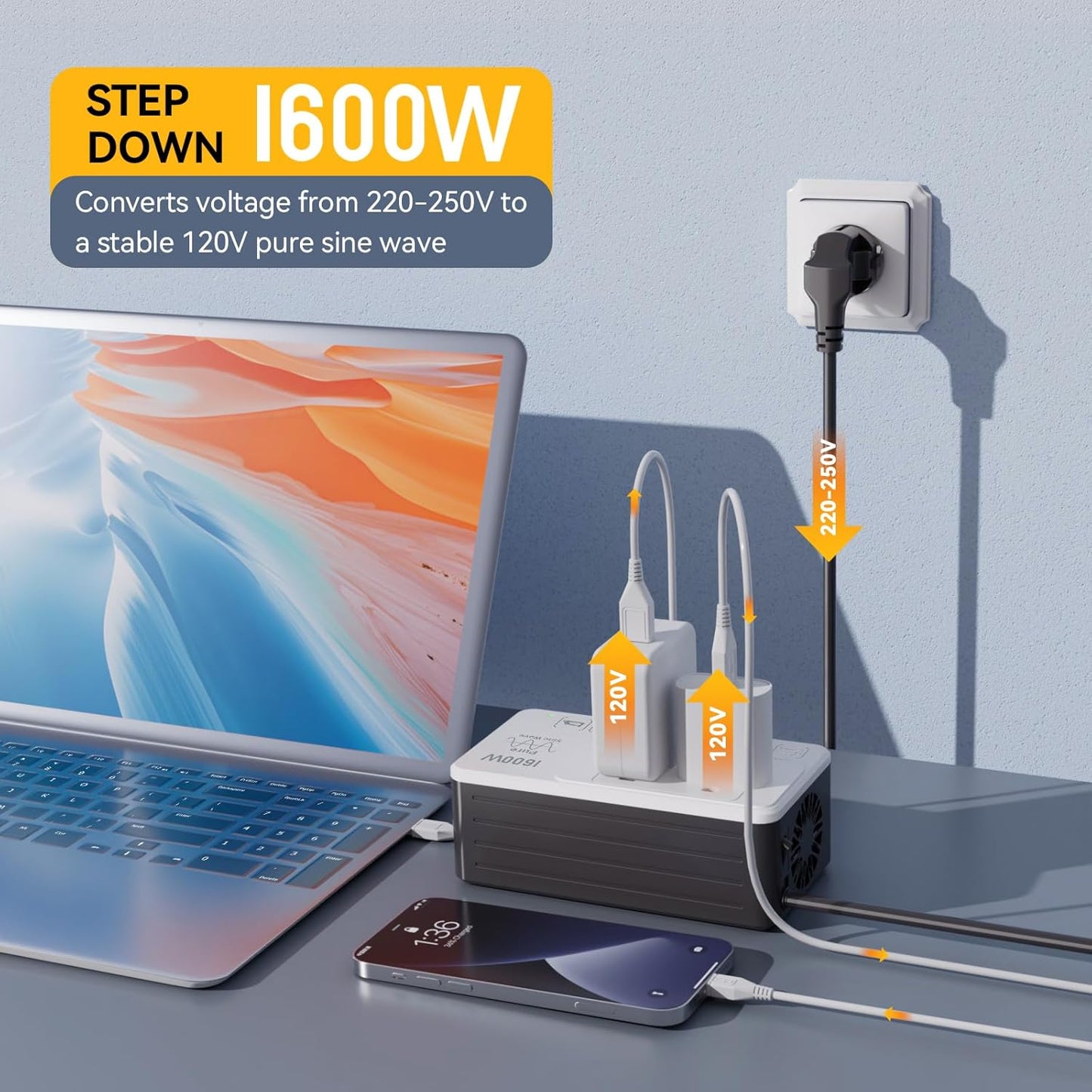 1600W 220V to 110V Voltage Converter, Power Any American Appliances in 220-250V, Plug & Play, No Limitations, Universal Power Plug Adapter Voltage Converter US to Europe International Travel