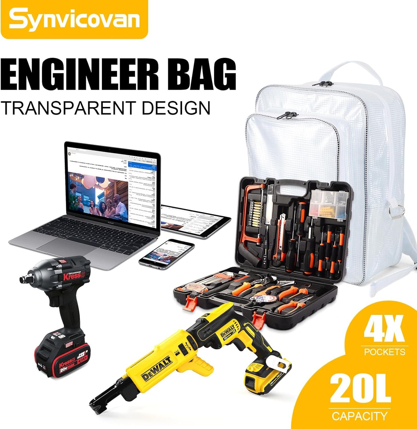 15.7 Inch Tool Backpack-Transparent & Anti-static Cleanroom Engineer Tool Bag for Work and Travel