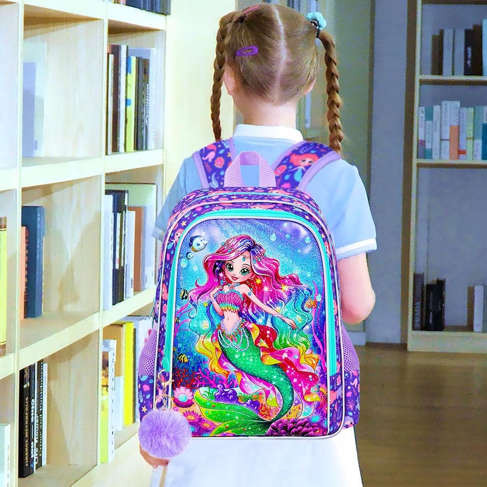 16" Mermaid Backpack, 3Pcs School Bookbag for Girls with Lunch Box, Kids Backpacks for Elementary Preschool Kindergarten(Purple)