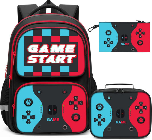 17 Inch Large Capacity Gamer Backpack for Boys - Complete 3pcs Set with Insulated Lunch Box and Zipper Pencil Case, Ideal for Elementary Middle School Teen Boys