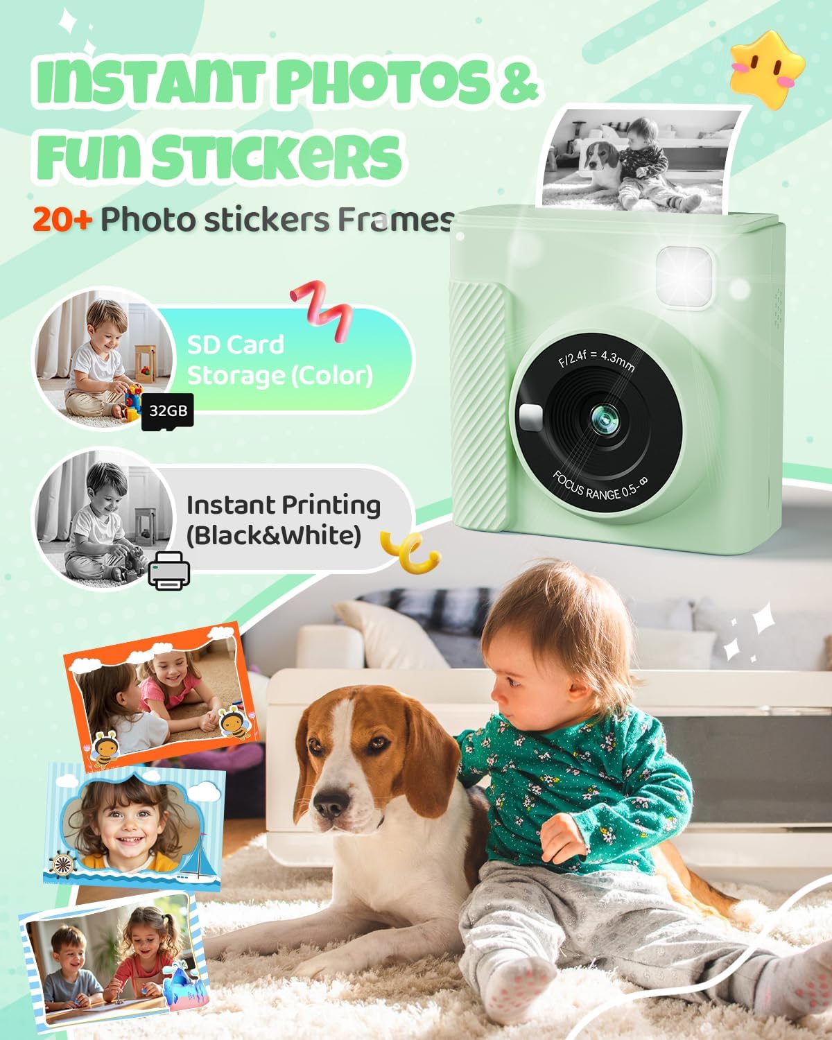 Kids Instant Print Camera, Christmas Birthday Gifts for Girls and Boys, 1080P HD Video Digital Kids Camera with Print Paper & 32G Card, Toddler Toy for 3-14 Years Old (Green)