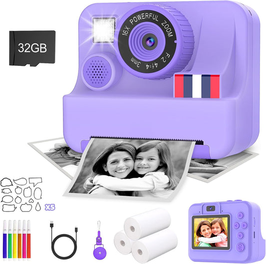 Instant Print Camera for Kids - Christmas Birthday Girls Gifts for Age 3 4 5 6 7 8 9 10 Year Old, 2.4 Inch Screen Kids Instant Camera, Toddler Camera Toys for Age 3-12 with 32 GB SD Card