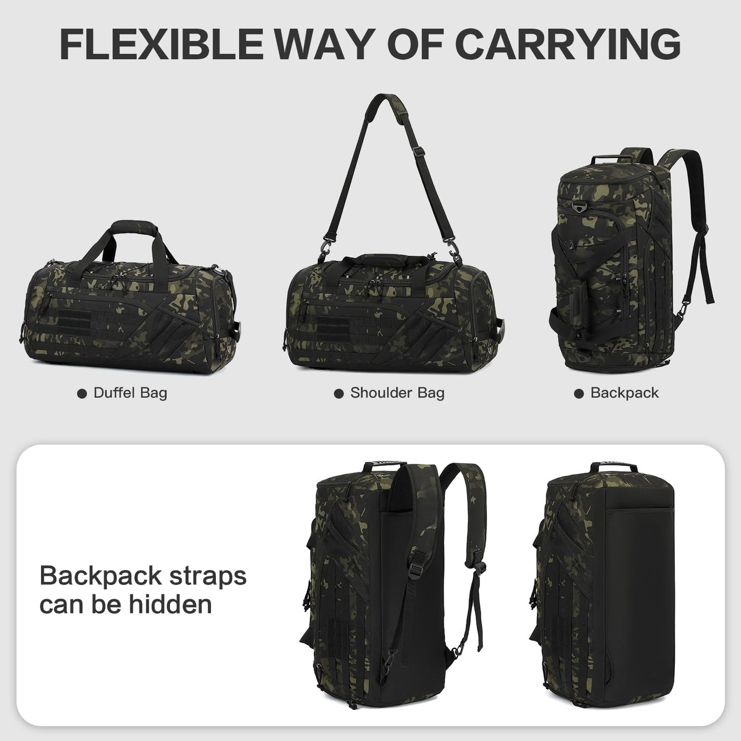 3-in-1 Tactical Gym & Travel Duffle Bag Backpack Men Multi-Functional 45L Military Sports Duffle Bag with Shoe Compartment & Wet Pocket for Workout Weekender Overnight Bag with Molle Webbing, Camo